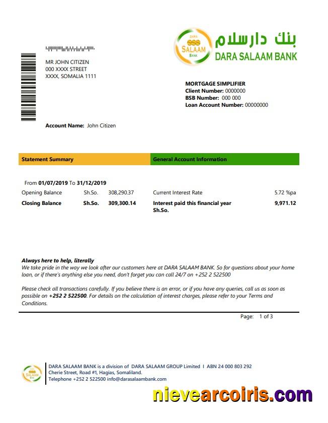 Somalia Dara Salaam Bank statement in Word and PDF format, good for address prove